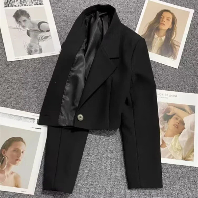 Black Cropped Blazers Woman Trend 2025 Allmatch Notched Collar Crop Jacket Women Korean Chic Single Button Suit Coat 250603