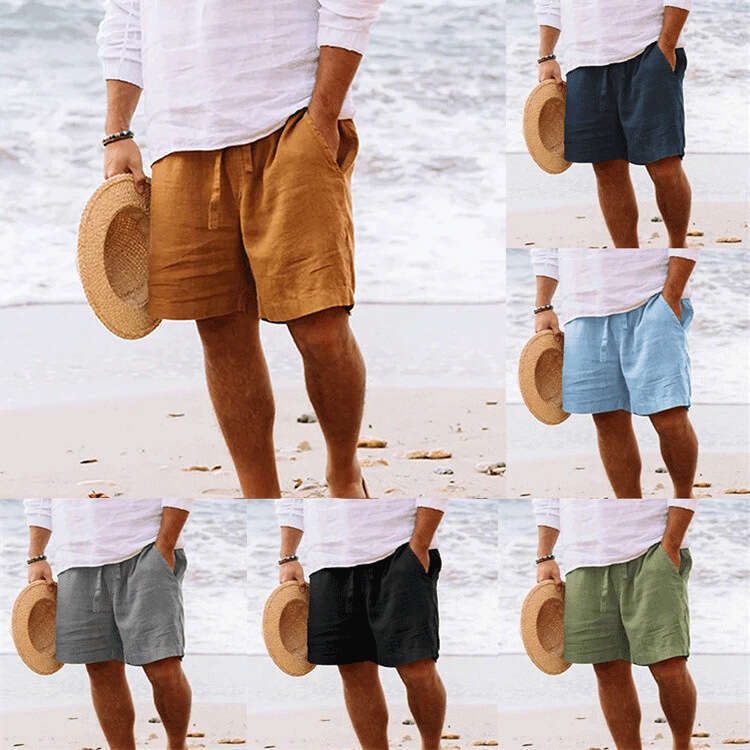 Men's Summer Cotton Linen With Drawstring Elastic Waist Straight Leg Solid Color Breathable Casual Beach Shorts B5