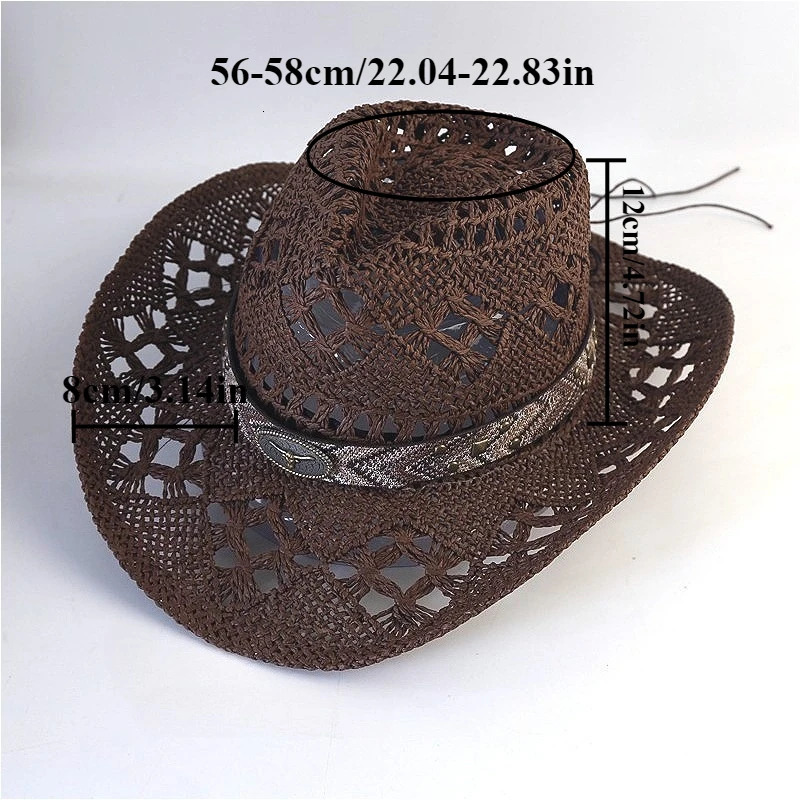 Cowboy Straw Hat for Women Men Summer Handmade Classic Hollow Out Western Curled Wide Brim Sun Hat Fishing Hat Climbing Cap 250606