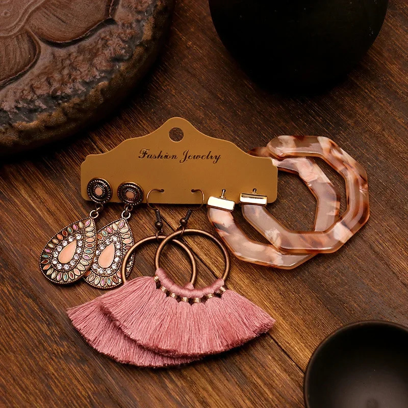 Boho Geometry Multicolor Round Beads Flower Drop Earrings Set for Women Vintage Ethnic Fanshaped Tassel Long Earrings Jewelry 250610