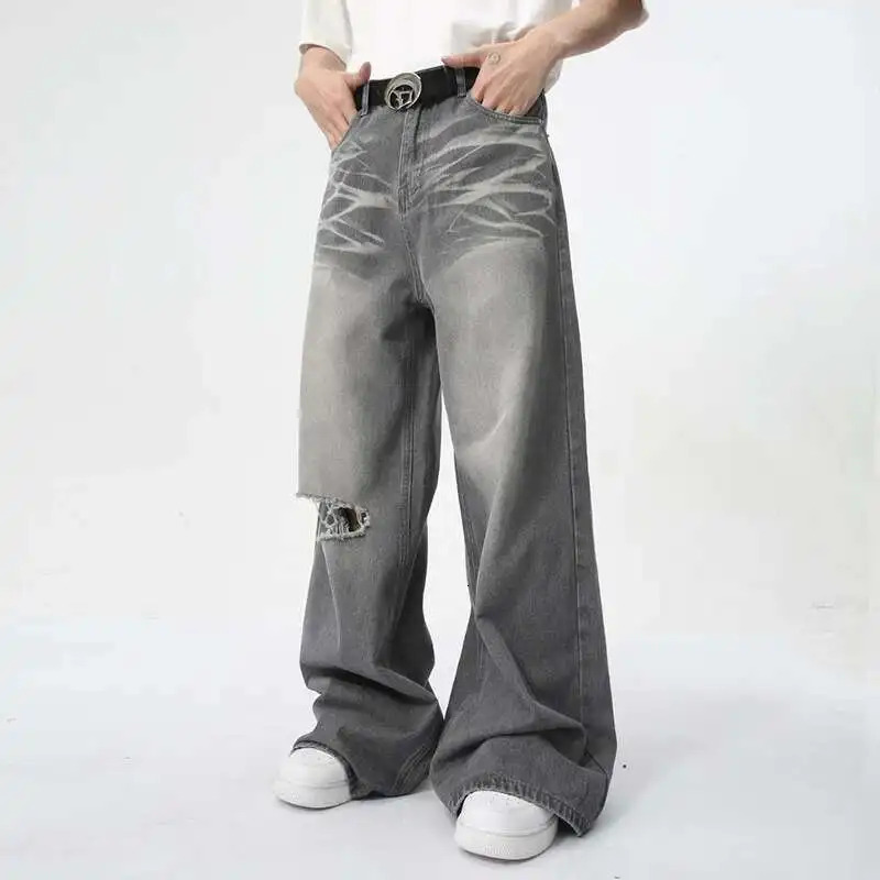IEFB Summer Mens Wear Jeans Straight Wide Leg Denim Pants Casual Loose Contrast Color Male Bottoms Clothing 9C5977 250611
