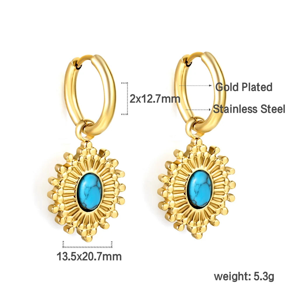 LUXUSTEEL Boho Stainless Steel Hoop Earrings Turquoise Blue Stone Charm Drop Earring For Women Girls France Chic Jewelry 250610