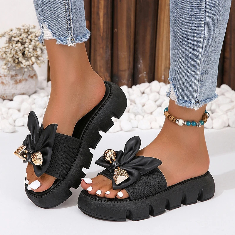 Summer Casual Fashion Round Toe Flat Solid Color Comfortable Open Toe Metal Decorated Non-Slip Womens Slippers 250609