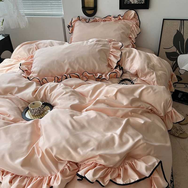 3/4Pcs Korean Princess Style Ruffles Bedding Set Skin-friendly Soft Silky Cool Feeling Duvet Cover Set Bed Sheet cases Y250611