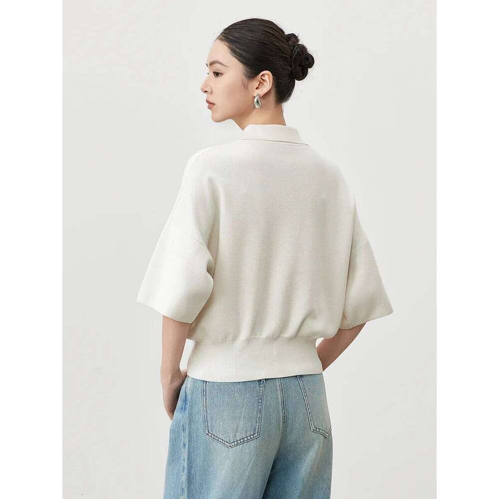 Naizaiga 58% mulberry silk 42% cotton striped POLO-collar short sleeve solid white black loose Women 2024 summer pullover JFY64