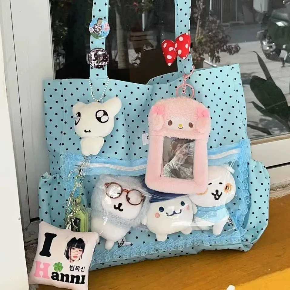 New Cute Hand Ulzzang Y2k Ita Bag for Girls Large Capacity Fashionable Polka Dot Canvas Shoulder Bag Casual Commuting Tote Bag XJ250610
