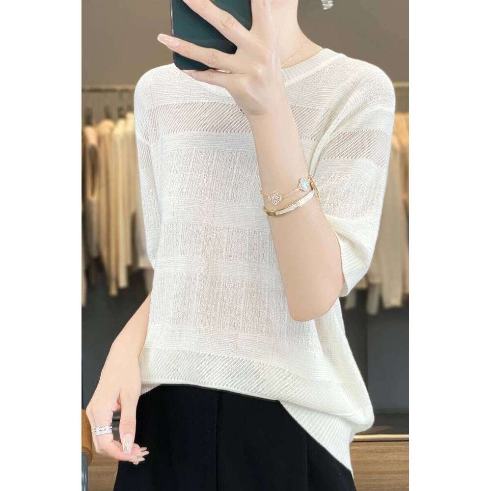 Classic Short Sleeves Tencel Wool Blend Pullover Women Knitting Hollow Out Sweater O-Neck High quality thin design Basic Tops