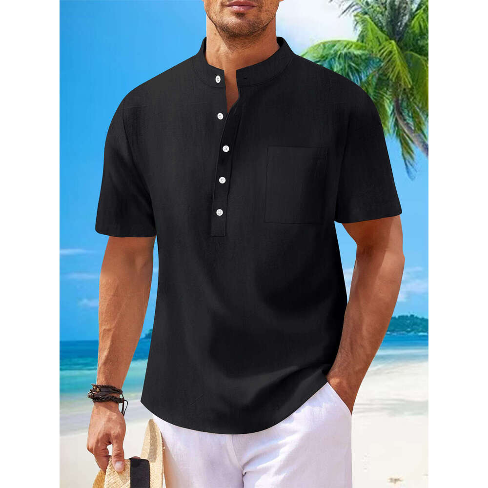 Spring Summer Men's Cotton Linen Stand Collar Short Sleeve Loose Casual Henley Shirt Men B5