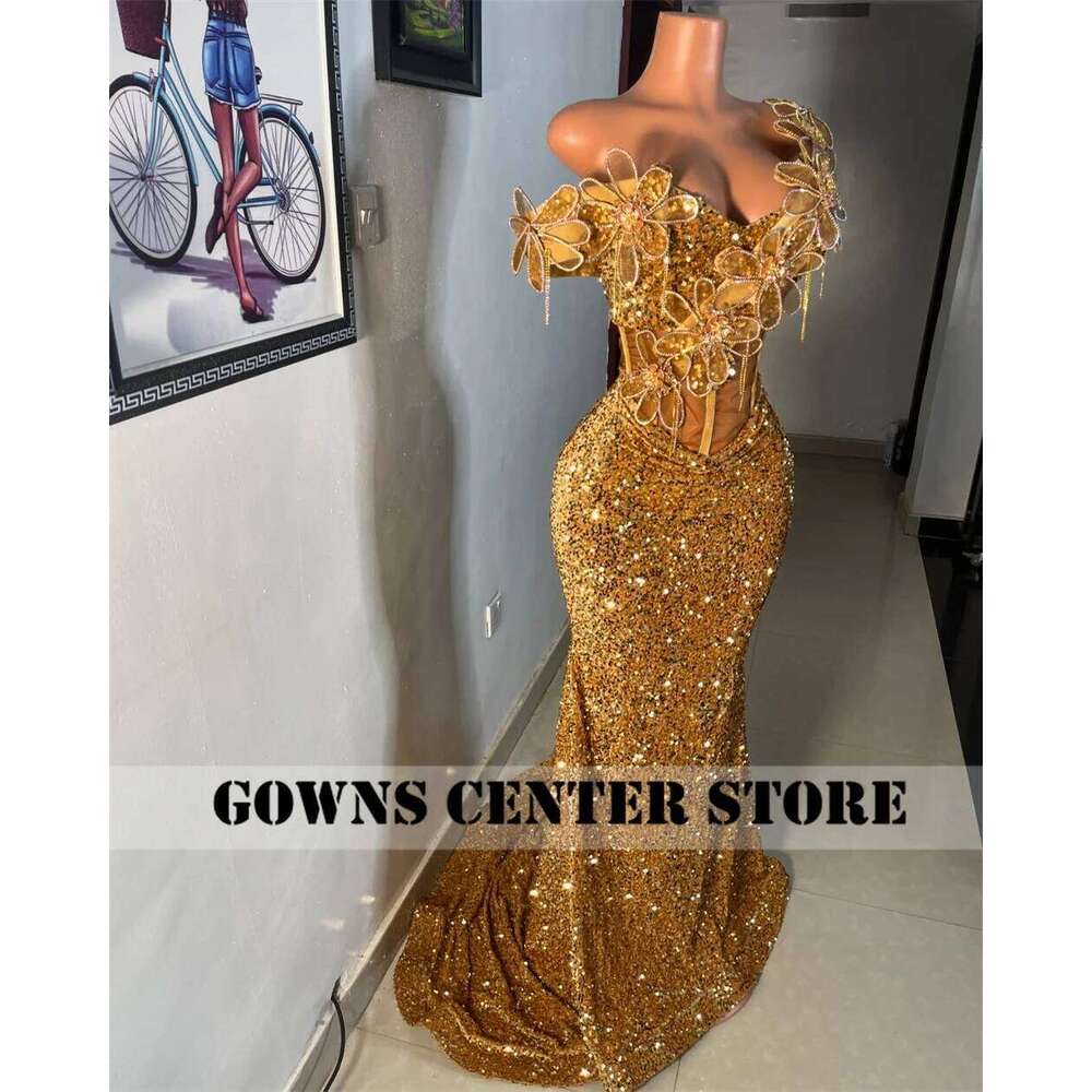 Sparkle Golden Aso Ebi African Evening Dresses Ruched Off The Shoulder Mermaid Formal Party Gowns Women 2025 Customized