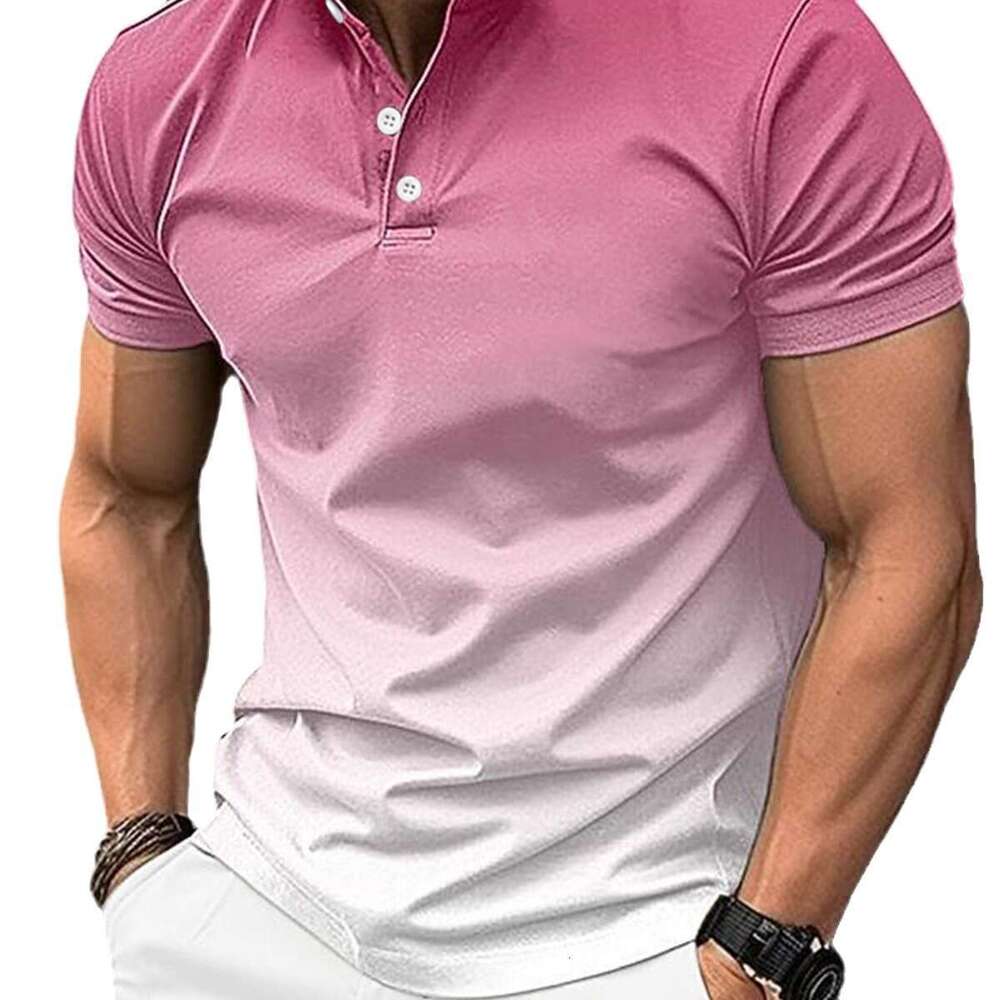 Spring Summer New Fashion Men's Stand Collar Gradient Casual Short Sleeve Golf Henley Shirt B5
