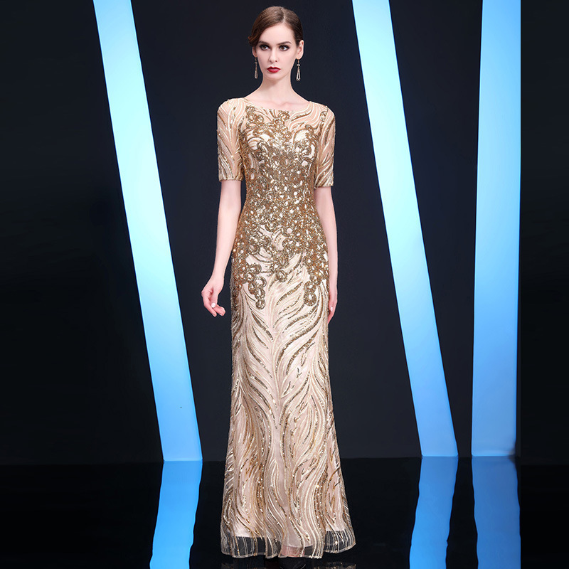 Customized Long sleeves womens formal prom dress sequined gold long wedding party dress Ceremony Dress mothers formal dress 250102