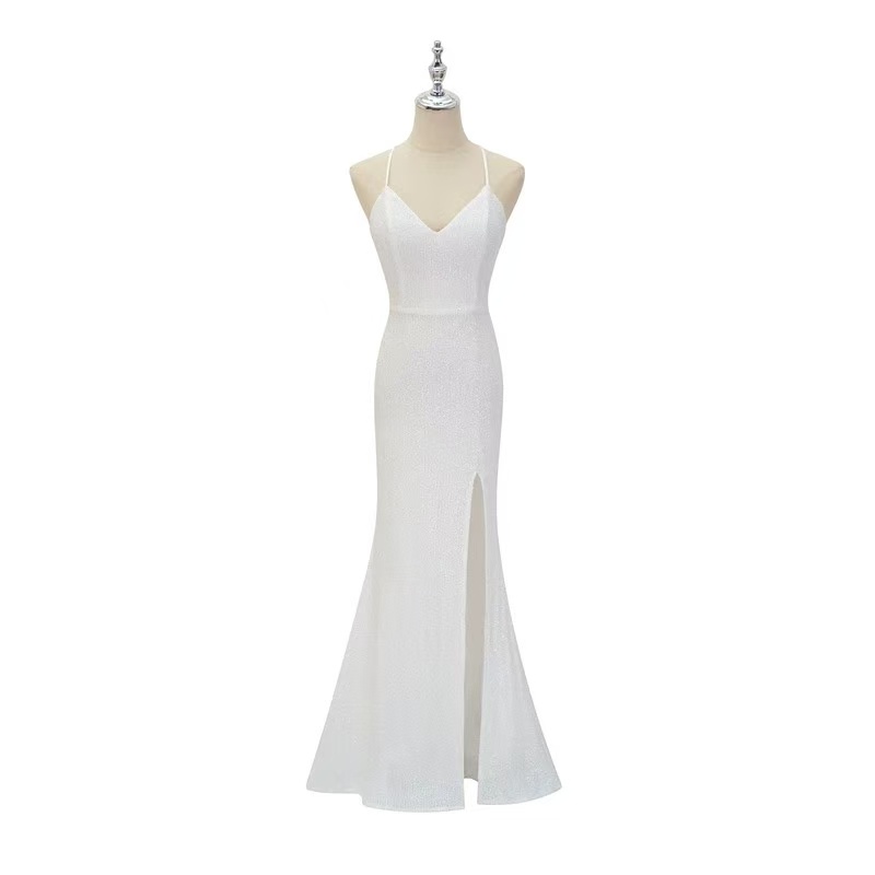 New sequined evening gown, sexy backless strap, European style long floor-length fishtail floor-length, hostess banquet, red color