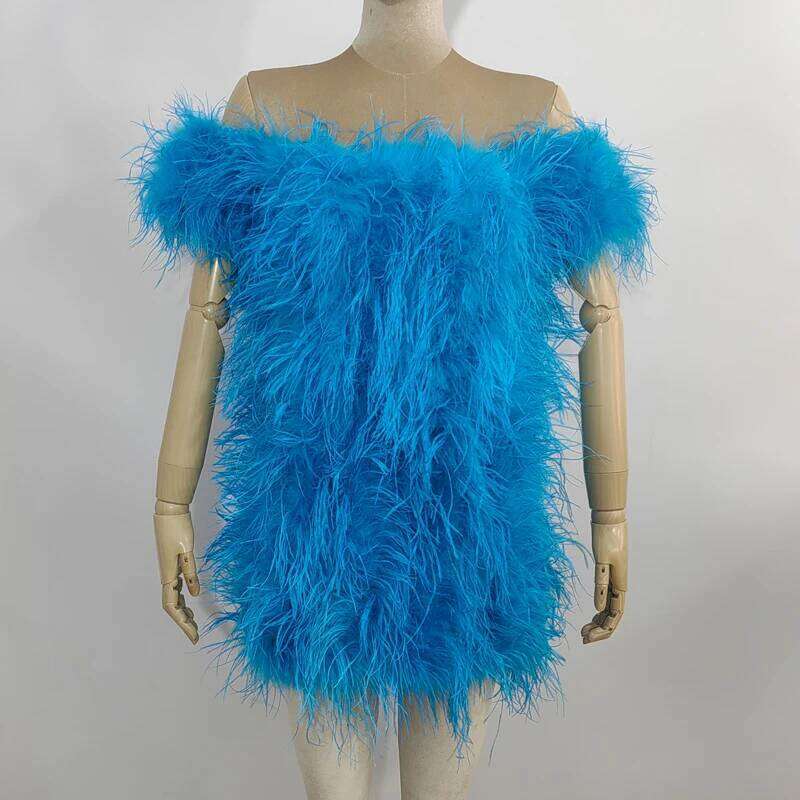 Sexy 100% Natural Hair Short Sleeves Women's Coat Low Chest Off Shoulder Dress Real Ostrich Fur Mini Skirt