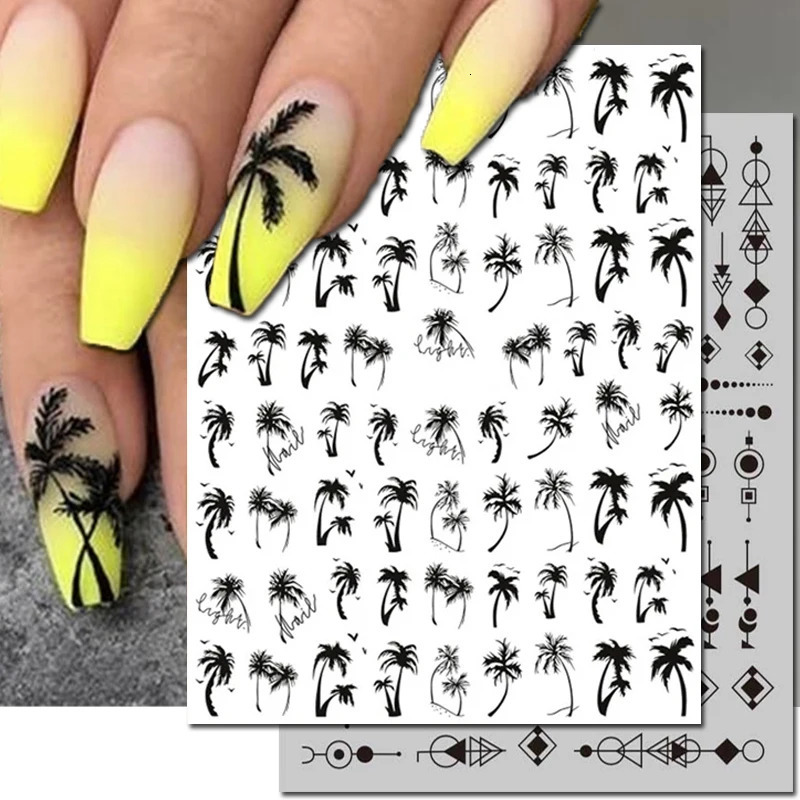 3d Nail Art Decals Geometric Lines Coconut Tree Palms Leaves Flowers Adhesive Sliders Stickers Decorated Manicure 250605