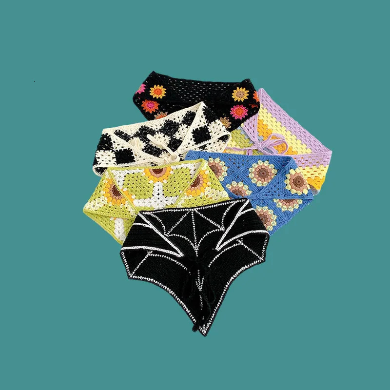 French Vintage Knitted Triangle Scarf Womens Fashion Crochet Cut-out Headband Hair Bands 250610