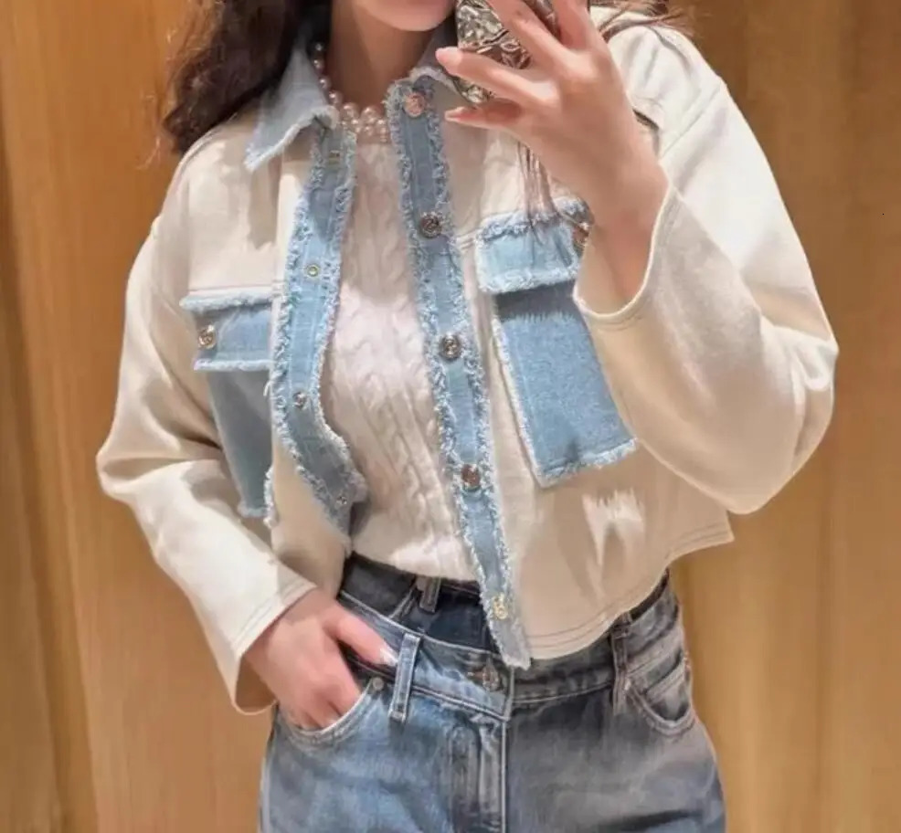 Women Fashion Jacket Turn-Down Collar Denim Splices Single Breasted Long Sleeve Ladies Pockets Knitted Coat Spring 250609