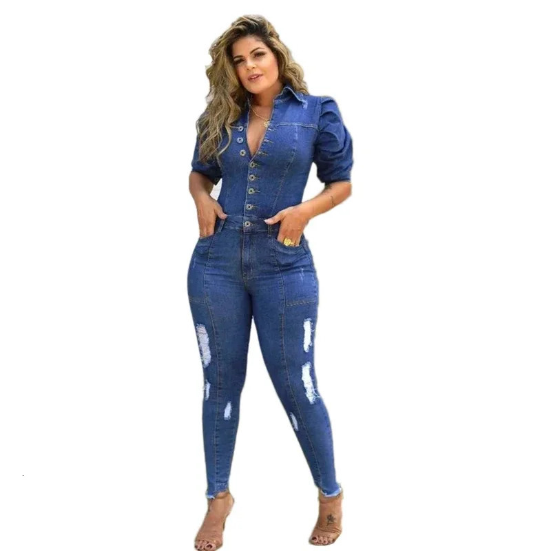 Sexy Plus Size Cotton Bodycon Long Jeans Jumpsuit Women Puff Sleeve Hole Ripped Denim Playsuit Romper Overalls Combinaison Femme 250609