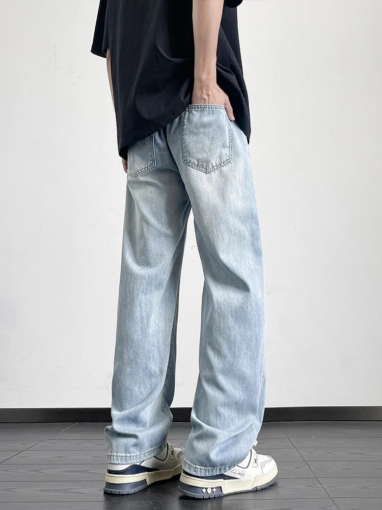 Summer Mens Jeans Korean Fashion Lightweight Lyocell Cotton Straight Denim Pants Loose Fit Wide Leg Trousers 250610