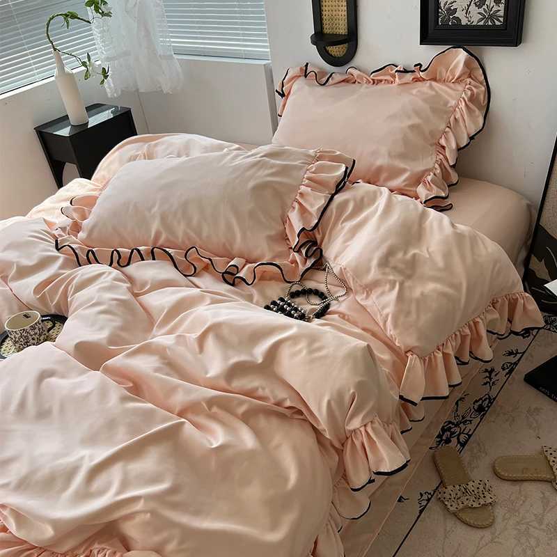 3/4Pcs Korean Princess Style Ruffles Bedding Set Skin-friendly Soft Silky Cool Feeling Duvet Cover Set Bed Sheet cases Y250611