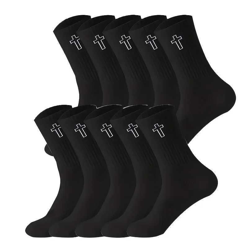 5/10 Pairs Mens High-Cut Solid Sports Socks Breathable Unisex Mid-Calf Casual Socks Black/White Cross Couple Socks All-Season Z250610