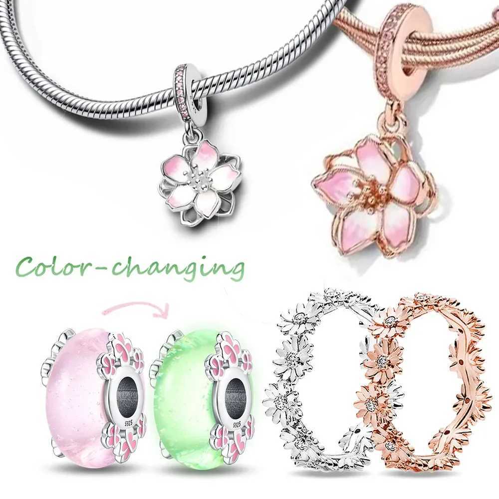Silver 925 Cherry Blossom Pink Sweet Charms Beads Flowers Rings Fit Original Bracelet Charm Jewelry Bead for Women DIY Gift XJ250611