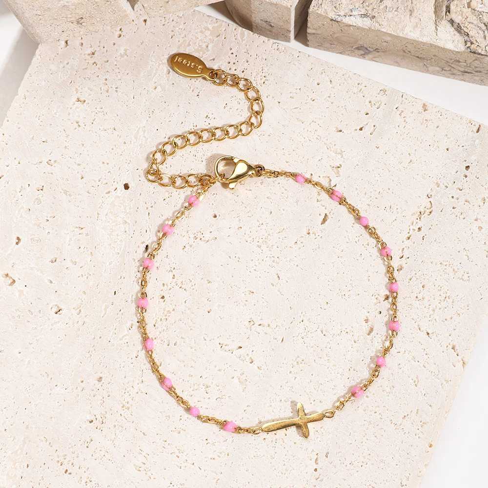 3M Girls Boho Thin Chain Stainless Steel Bracelets For Women Gold Color Peach Pink Cross Charm Beautiful Gift XJ250707