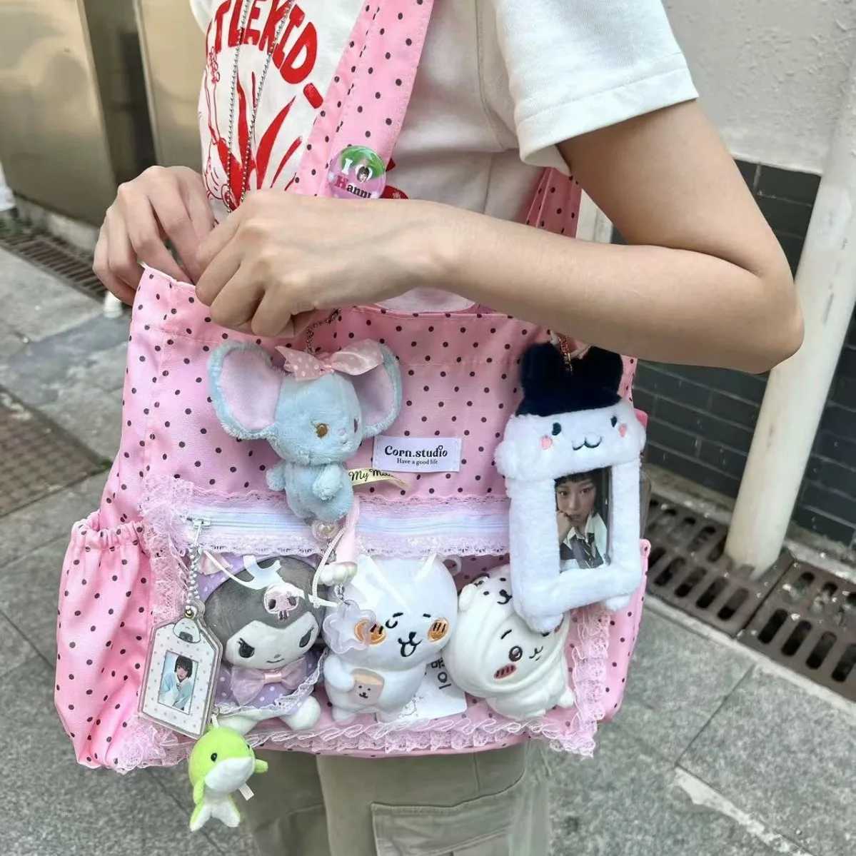 New Cute Hand Ulzzang Y2k Ita Bag for Girls Large Capacity Fashionable Polka Dot Canvas Shoulder Bag Casual Commuting Tote Bag XJ250610