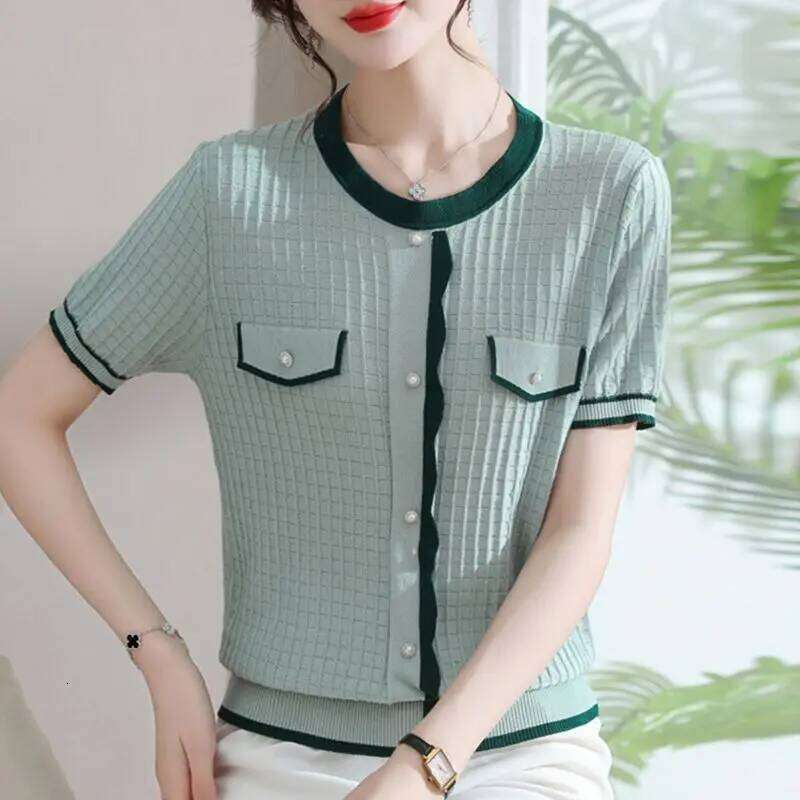 Ladies Fashion Loose Patchwork O-neck Knitting Pullovers Summer Fashionable All-match Buttons Screw Thread T-Shirts Women Tops