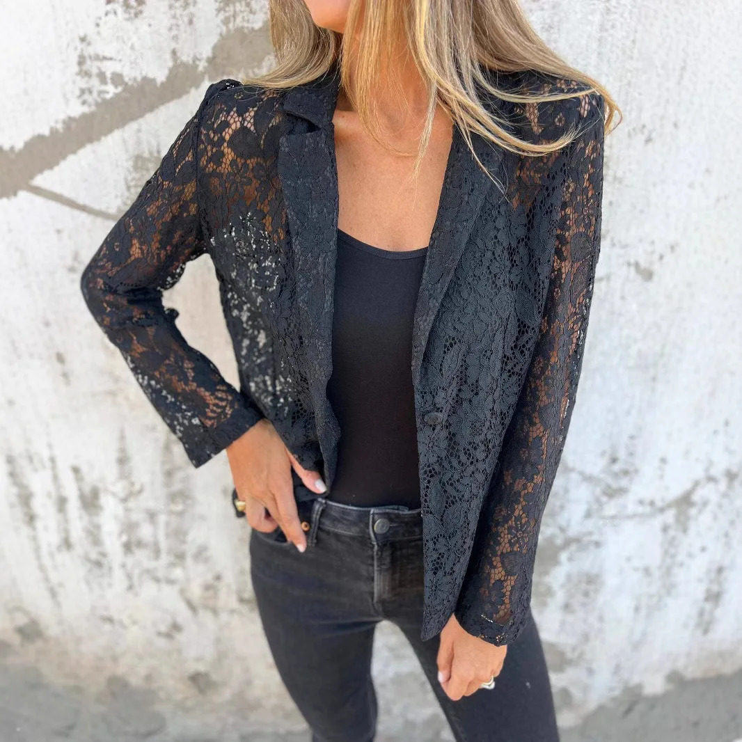 Summer Womens Jacket Fashion Casual Dress Solid Color Lace Blazer White Black Available 250610
