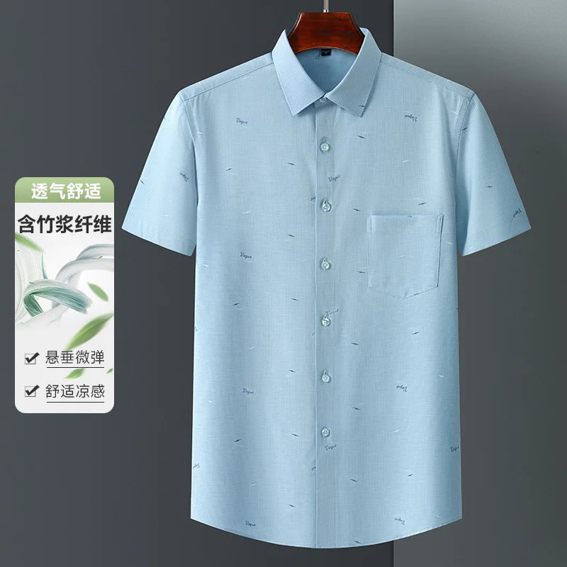 Mens Bamboo Fiber Short Sleeve Shirt Classic Solid Color Printing Plaid Business Formal Social Top Fashionable Office Wear 4XL 250611