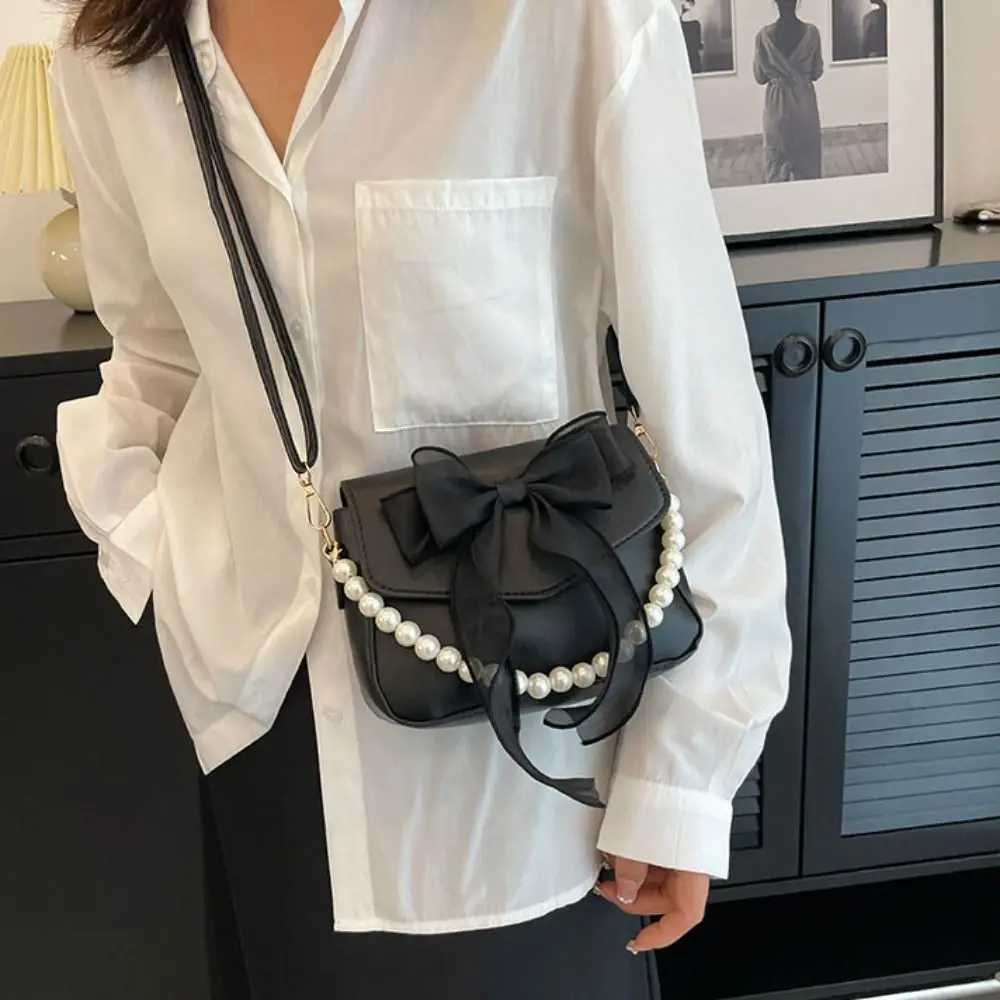Fashion PU Leather Bowknot Handbag Balletcore Pearl Bow Shoulder Bag Korean Style Square Bag Bow Crossbody Bag Daily XJ250610