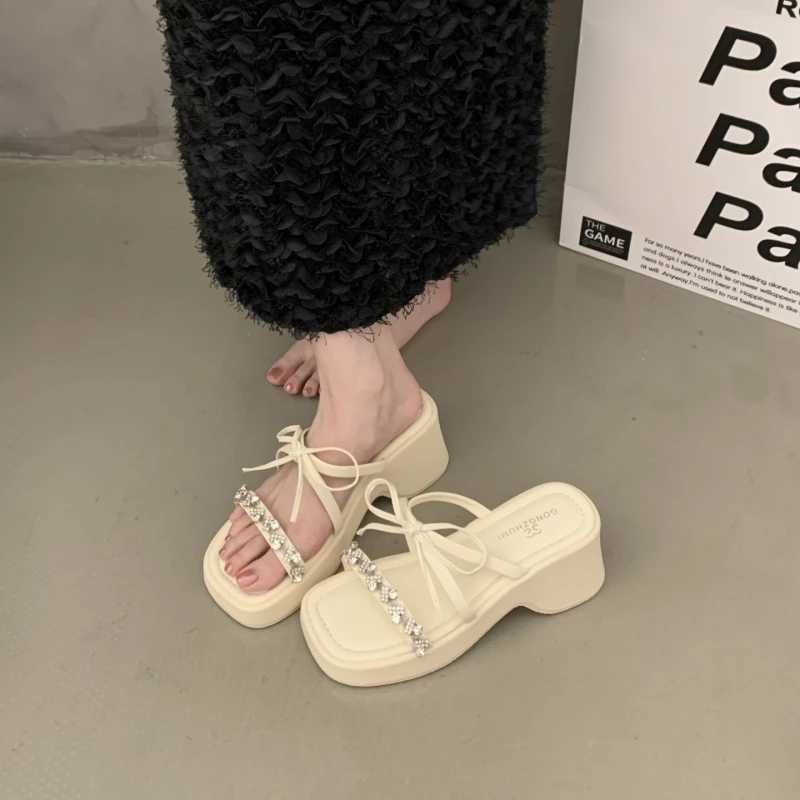Womens Summer Fi Open-Toe Butterfly-Knot Platform Slippers Casual Thick Bottom Beach Slides for Ladies XJ250610