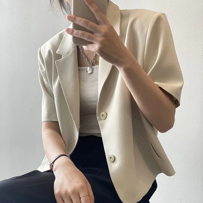 Summer Thin Short Sleeve Blazer Women Casual Single Breasted Jacket Woman Korean Solid Color Office Suit Coat Ladies 250610