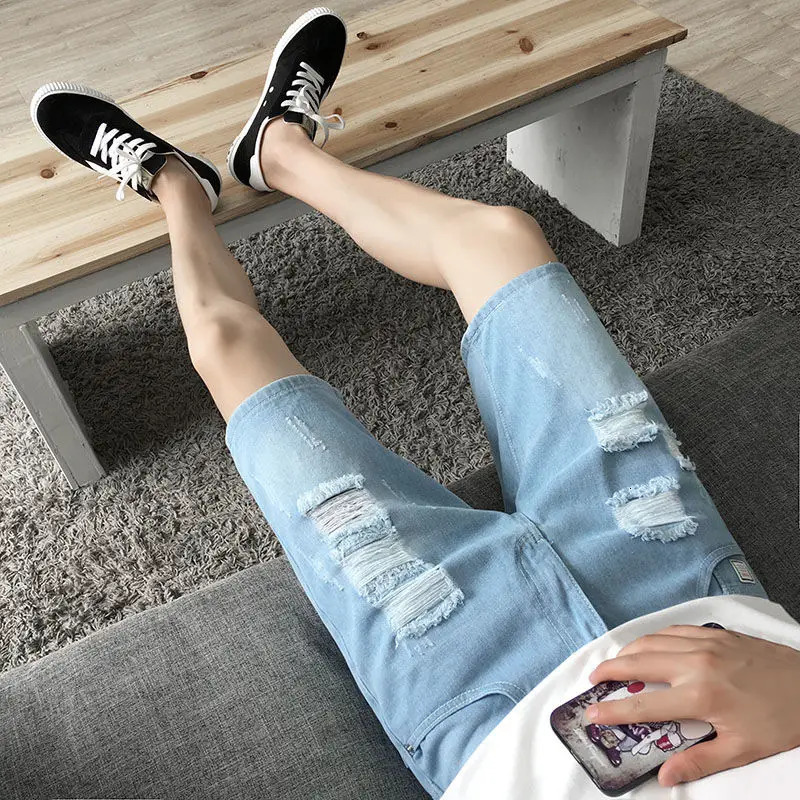Ripped Denim Shorts Mens Five-point Summer Pants Korean Version 5-point Beggar Thin Mens Medium Pants 250611