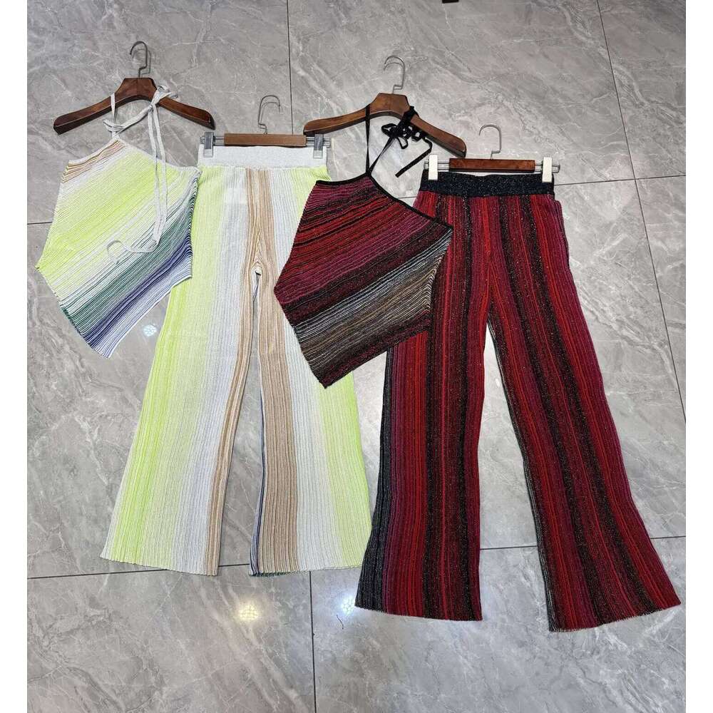 Women Slanted Shoulder Metallic Sequined Striped Knit Camisole Top+ Elastic Waist Wide Leg Long Pants Set