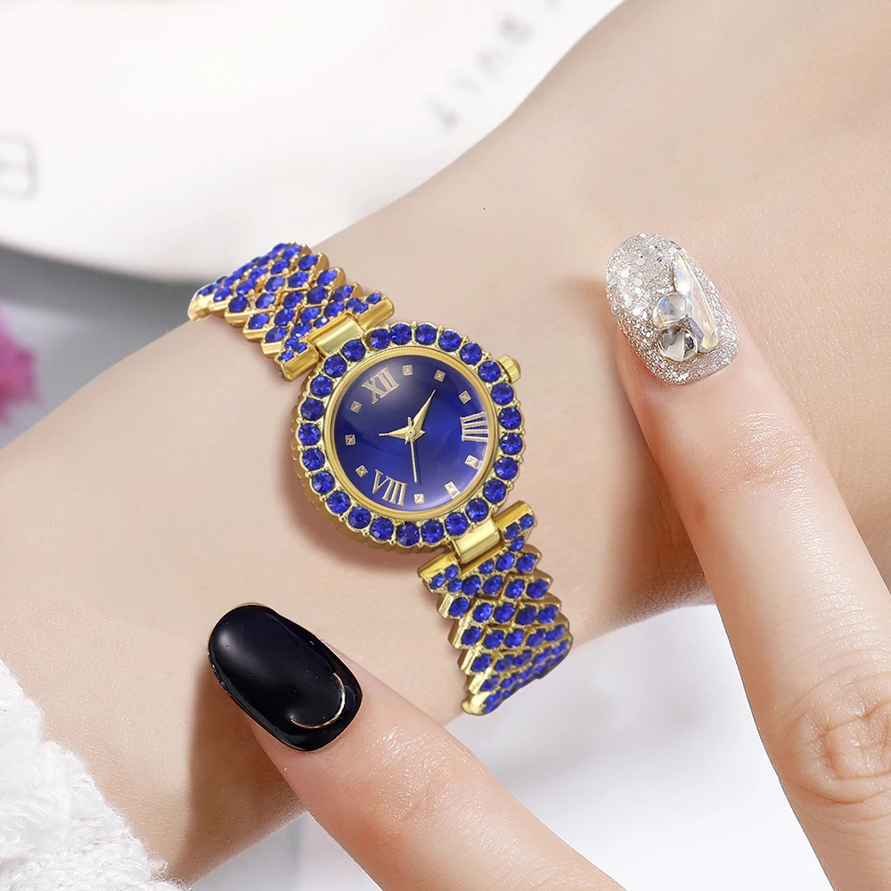 2PCS/Set Of Blue Womens Watches With Minimalist Elements Quartz Watches Blue Alloy Watch Straps Jewelry Sets Gifts For Girls 250606
