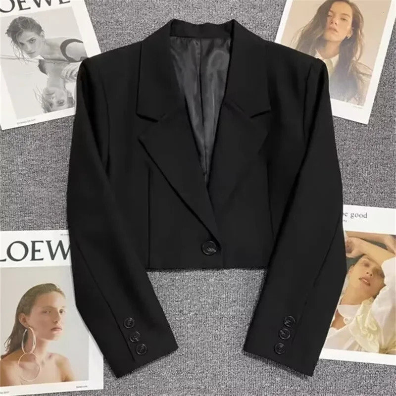 Black Cropped Blazers Woman Trend 2025 Allmatch Notched Collar Crop Jacket Women Korean Chic Single Button Suit Coat 250603