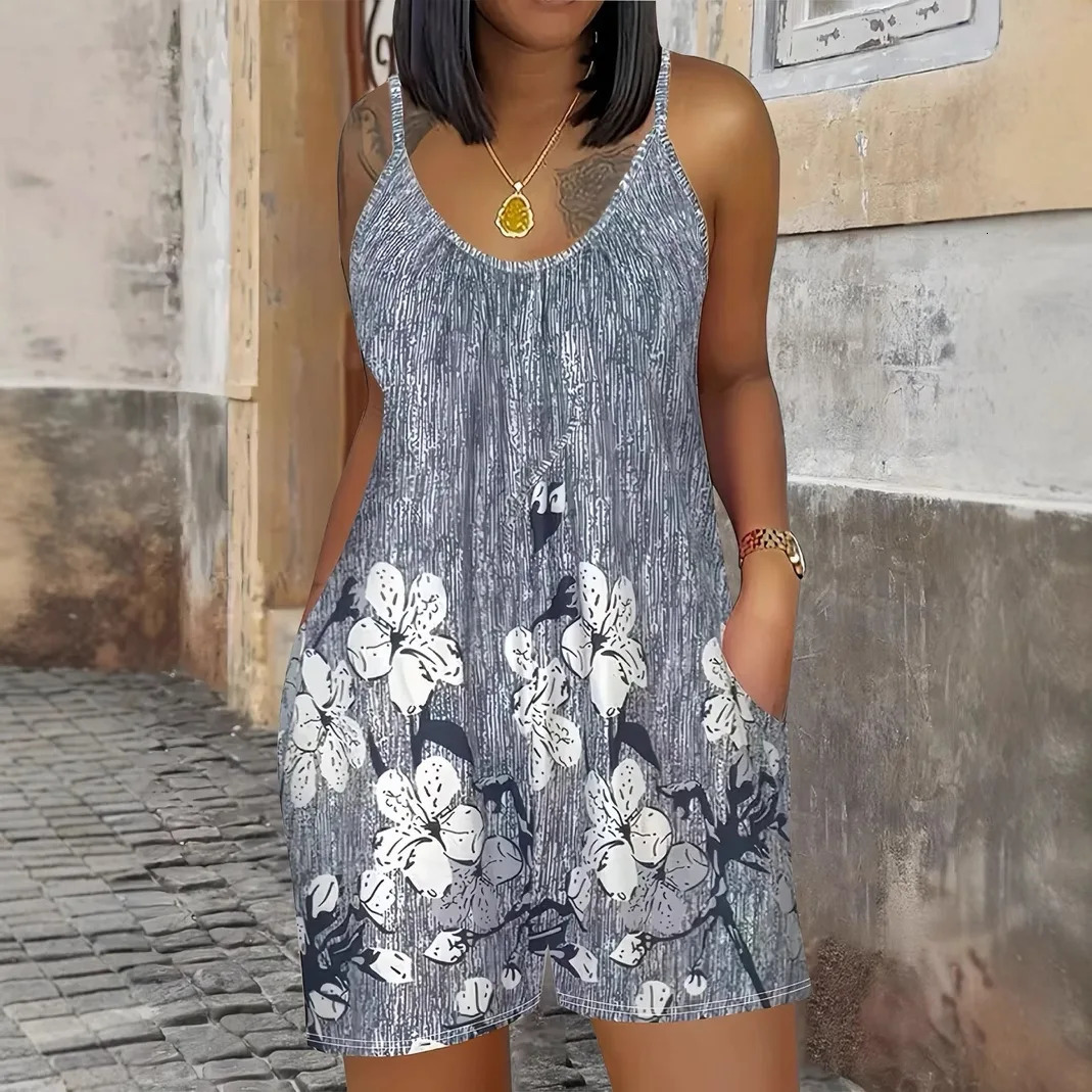 Summer Sexy Sling Beach Short Playsuits Women Fashion Plus Size Sleeveless Striped Print Loose Jumpsuit Casual Romper 250609