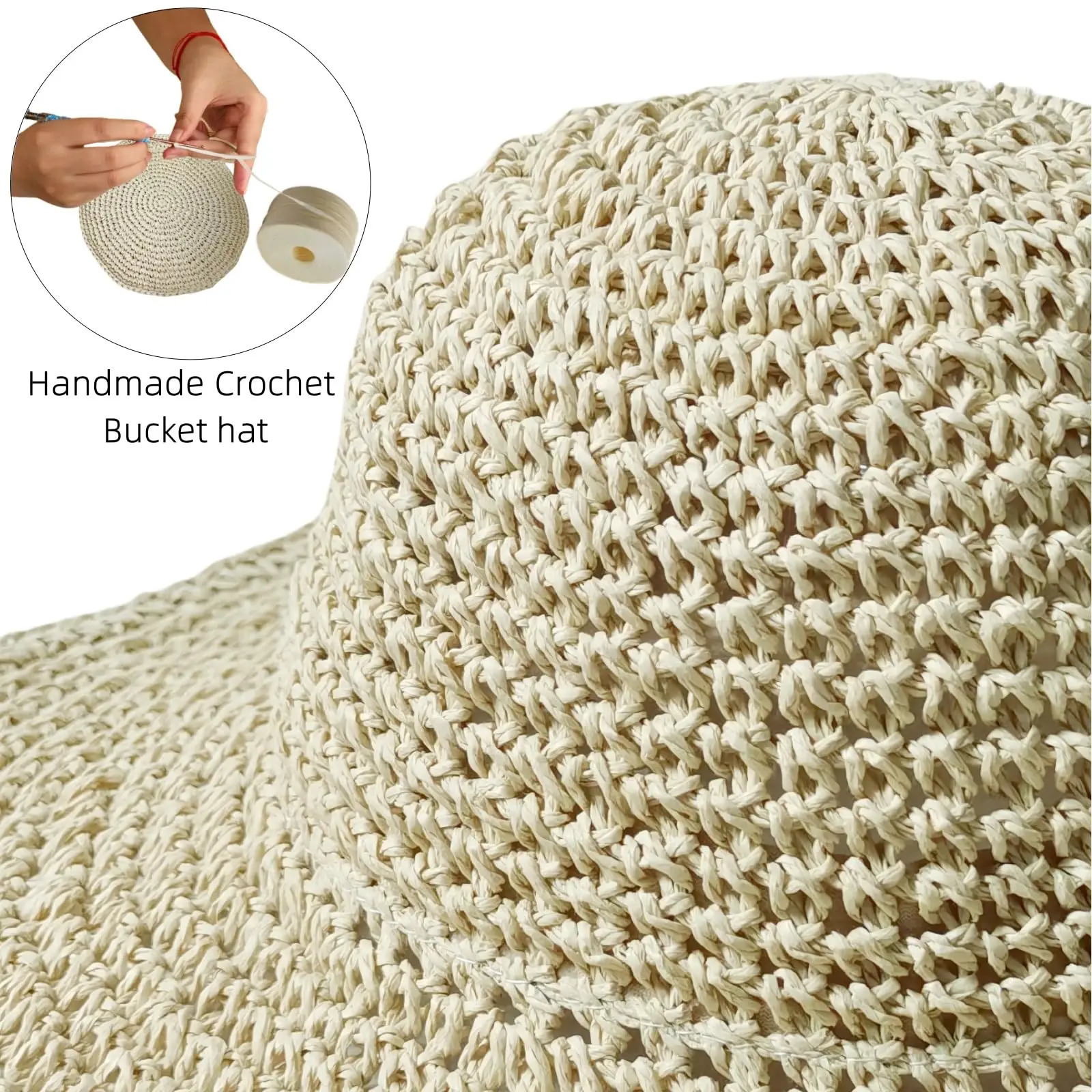 Summer UV-Protect Crochet Straw Bucket Hat for Women Beach Fashionable Breathable Outdoor Sunshade Cap Foldable Visors 250610
