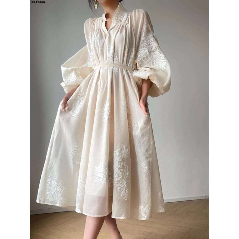 France Elegant Lantern Sleeve Embroidery Midi Dress for Women Spring Autumn New V Neck Lace Up Vestidos Korean Vintage Clothes