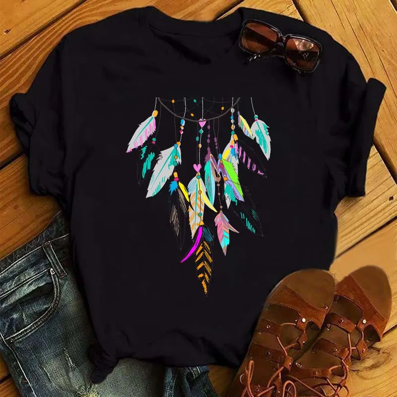 Fashion Feather Dreamcatcher Designer T Shirt Women Harajuku Graphic Tees Shirt Femme Dream Catcher Women's T-shirt Clothes Tops
