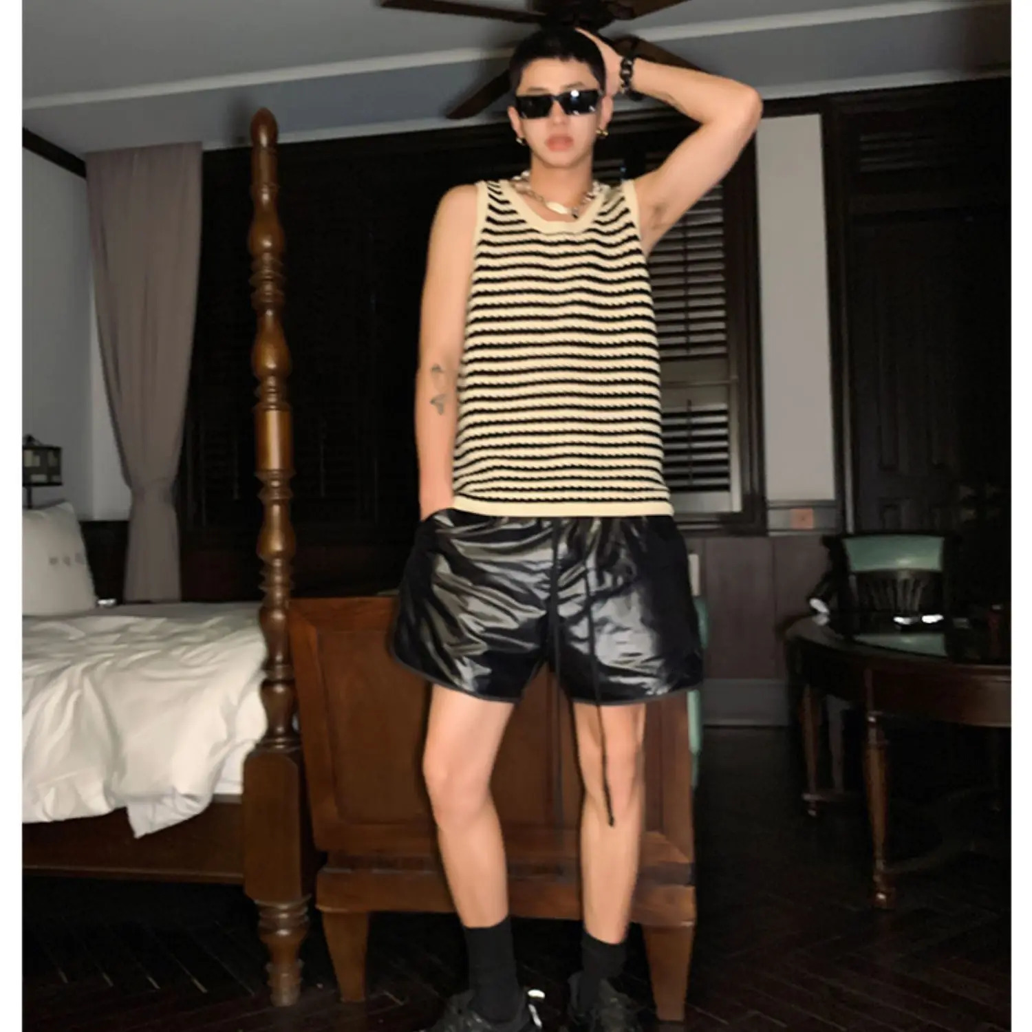 Mens Striped Knitted Sleeveless Vest Casual Sports Streetwear Breathable Comfort Summer Tanks Tops O-Neck Korean Style 250611