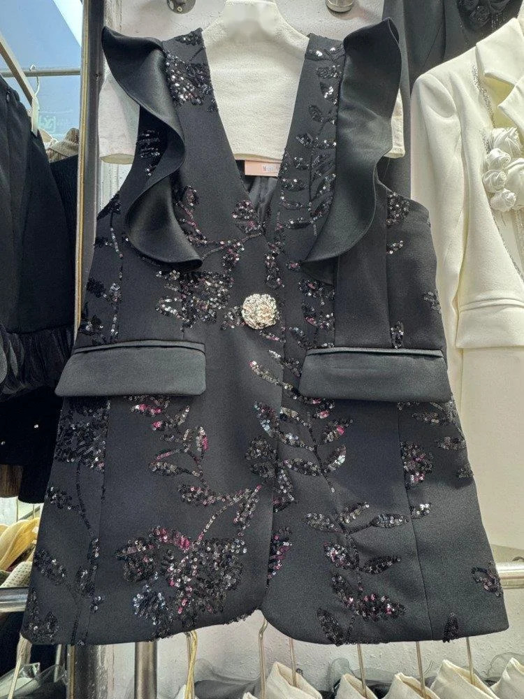 IEQJ Casual Embellished Sleeveless Blazer With Ruffles And Sequined Floral Patterns Female Spring and summer 3QW0236 250610