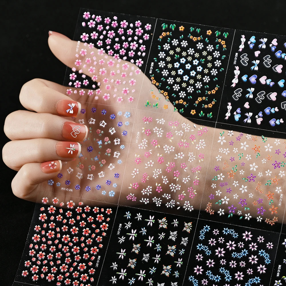 3D Colorful Flowers Cherry Blossoms Rose Daisy Nail Decals 2030607090pcs Cute Heart Sticker Manicure Decoration 556cm 250605