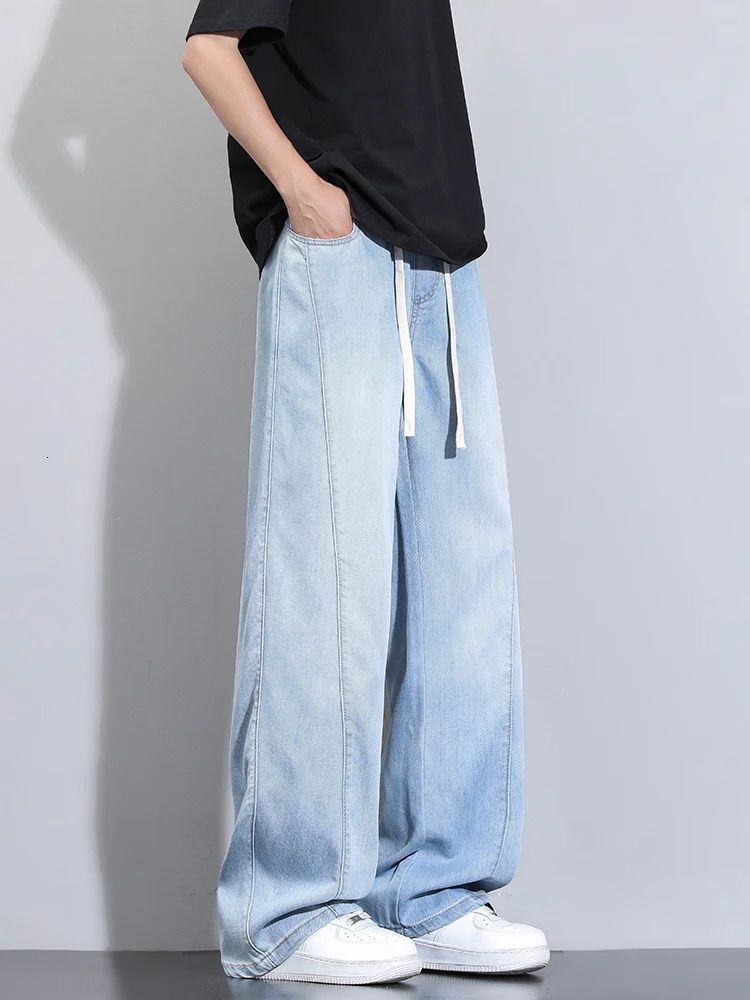 Summer Lyocell Jeans Men Korean Fashion Wide Leg Straight Denim Pants Light and Thin Cool Baggy Jeans Trousers 250611