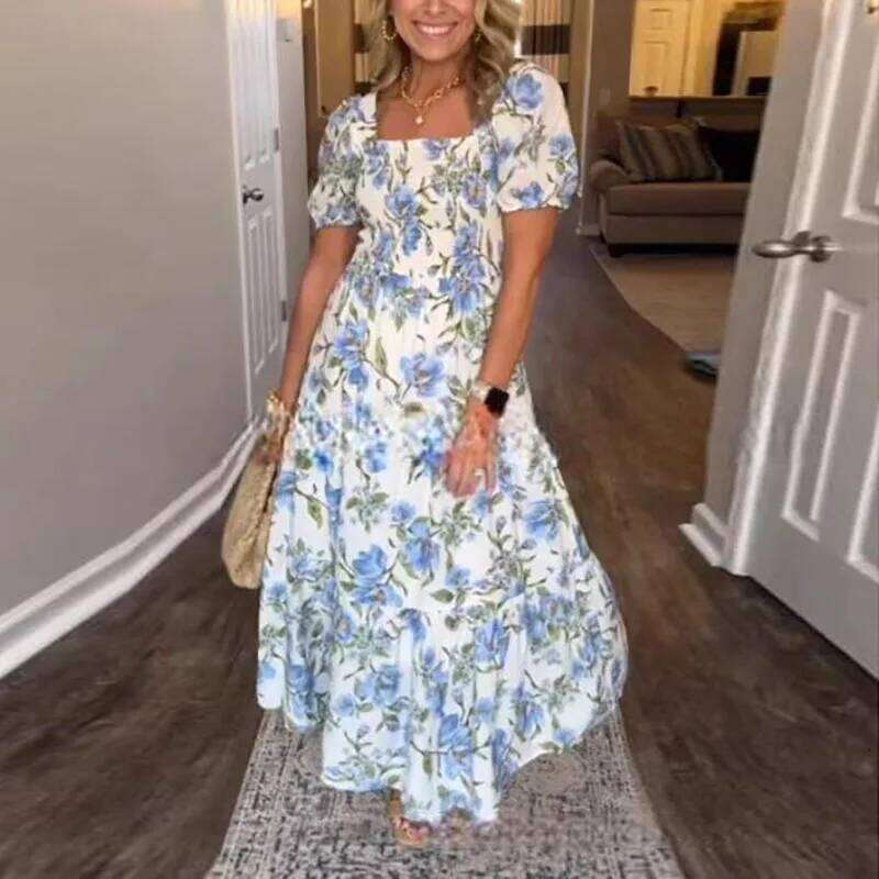 New Summer Print Puff Sleeve Long Dress Woman Beach Sweet Zipper Party Casual Square Collar Floral Bohemian Maxi Dresses