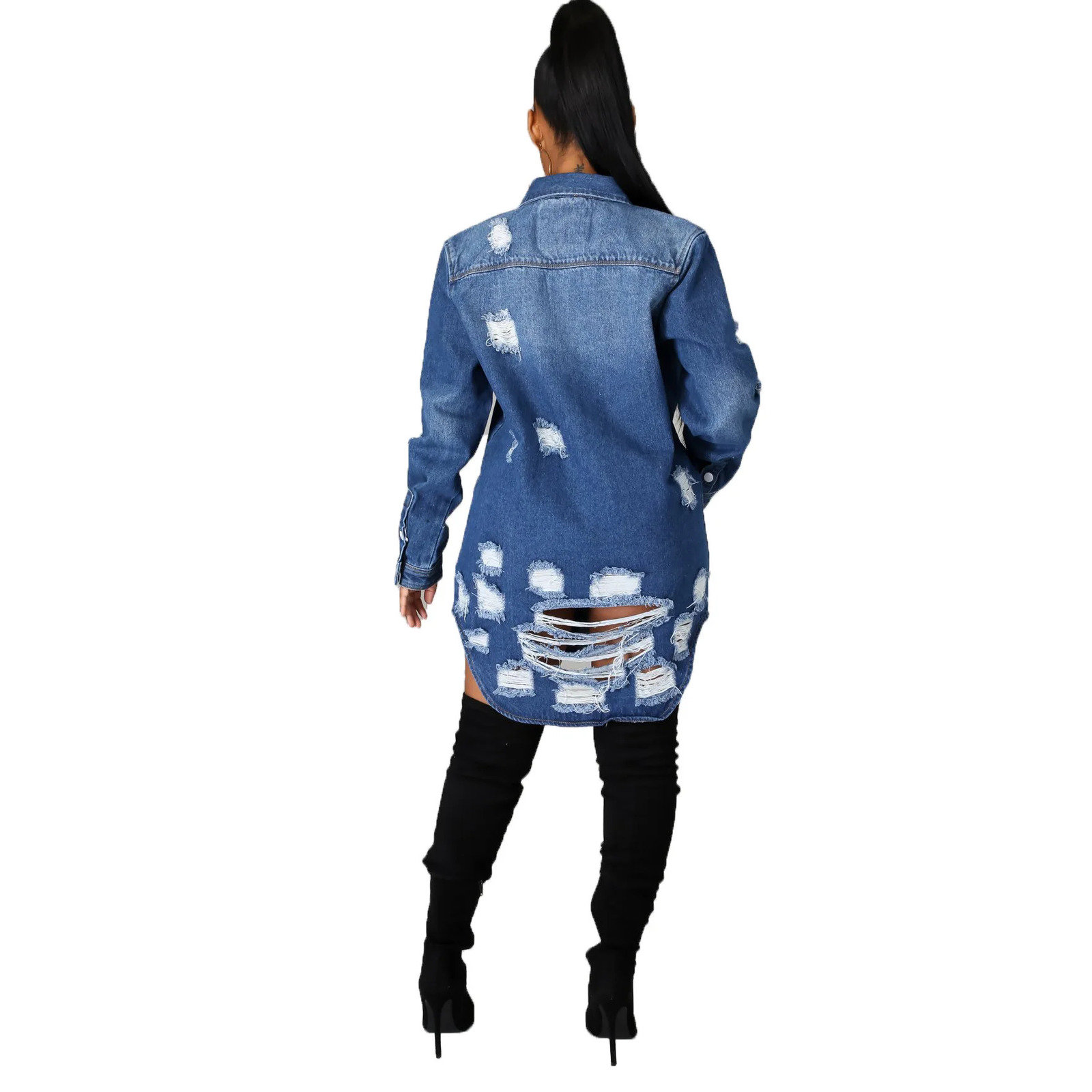Ripped Distressed Denim Coats with Holes Turn Down Collar Single Button Women Jackets Loose Fit High Street Pockets Solid 250609