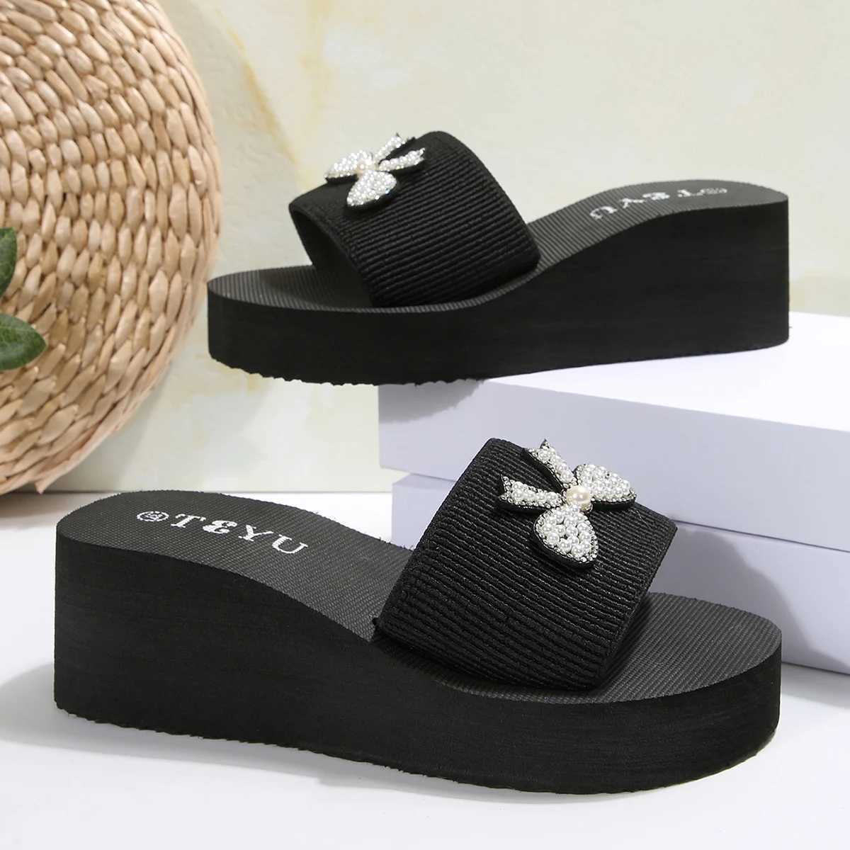 Pearl Bowtie Decor Wedge Slippers Women 2025 Summer Thick Bottom Platform Sandals Woman Lightweight N Slip Beach Slides Mujer XJ250610