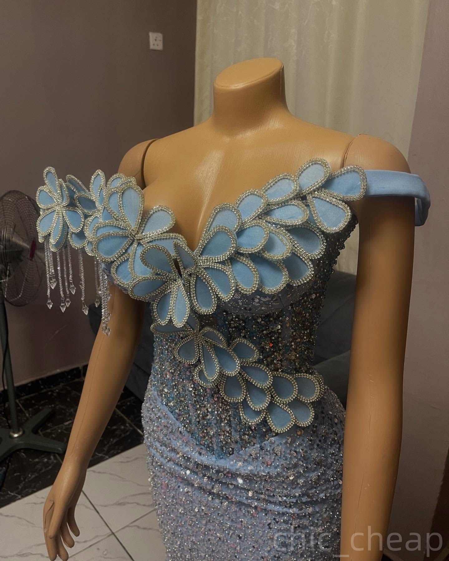 Light Sky Blue Mermaid Prom Dresses 2025 Flowers Crystals Sequined Evening Formal Party Second Birthday Engagement Gowns Plus Size Dress For Special O
