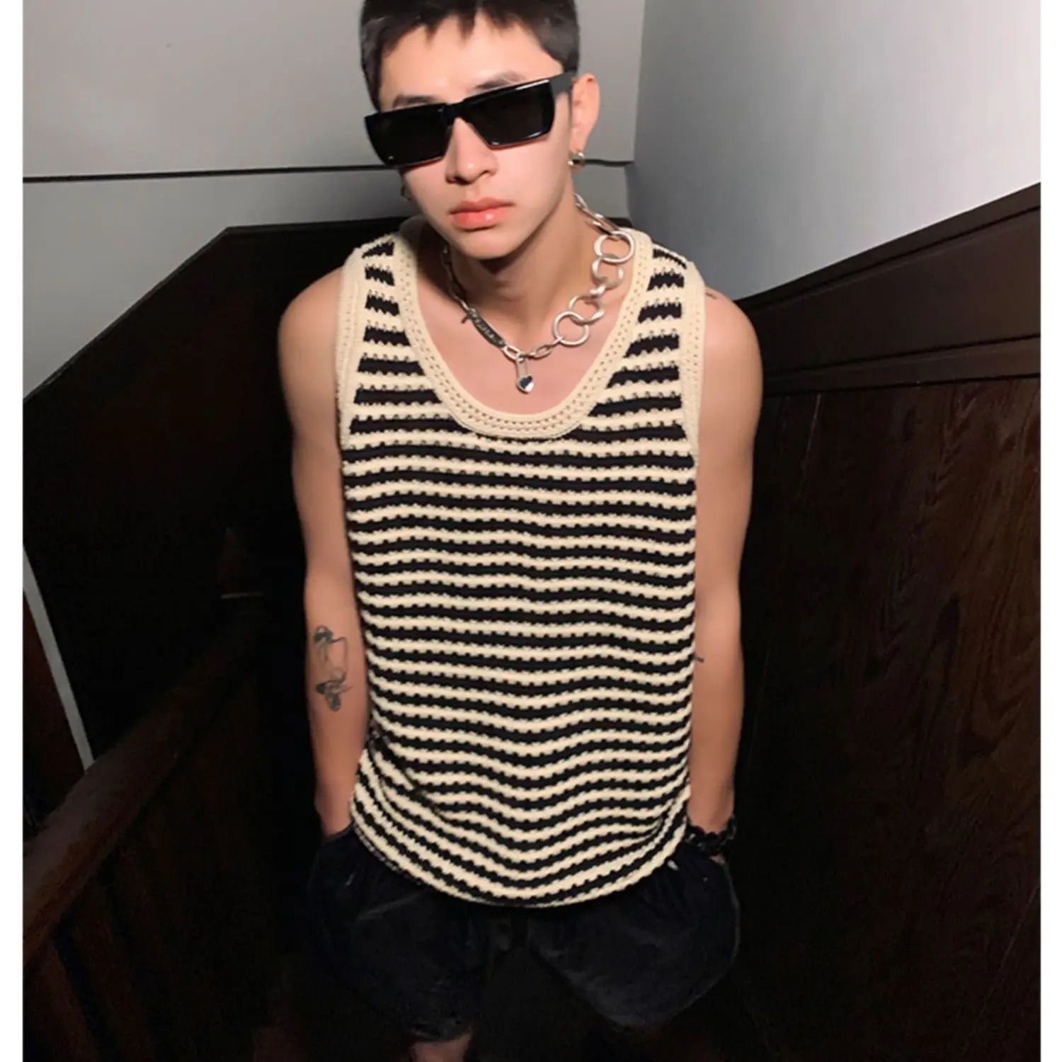 Mens Striped Knitted Sleeveless Vest Casual Sports Streetwear Breathable Comfort Summer Tanks Tops O-Neck Korean Style 250611